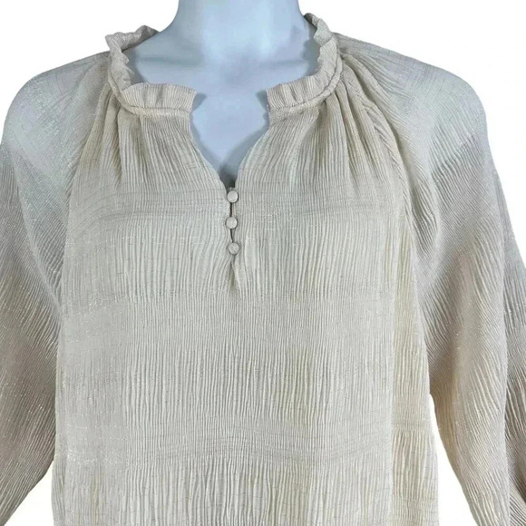 UMGEE Womens L Ruffle Metallic Champagne Blouse Crinkled Shimmer Mandarin Neck - Picture 7 of 16